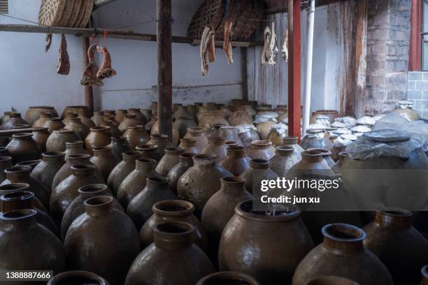 pickles made in neatly arranged clay pots - vaso foto e immagini stock