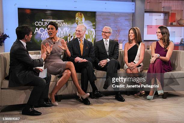 George Stephanopoulos, Robin Roberts, Tim Gunn, Jess Cagle, Nina Garcia and Louise Roe attend the revealing of the "Oscar's Red Carpet Live" hosts on...