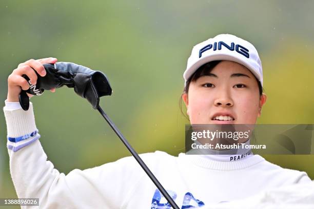 Amateur Miku Ueda of Japan is seen on the 7th tee during the second round of Yamaha Ladies Open Katsuragi at Katsuragi Golf Club Yamana Course on...