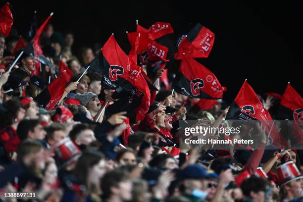 Fans fill the seats during the round seven Super Rugby Pacific match between the Crusaders and the Highlanders at Orangetheory Stadium on April 01,...