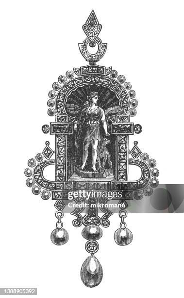 old engraved illustration of brooch - antique brooch stock pictures, royalty-free photos & images