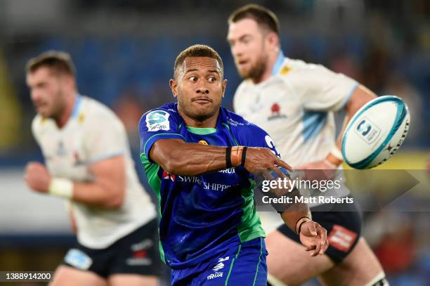 Teti Tela of Fiji Drua passes the ball during the round seven Super Rugby Pacific match between the Fijian Drua and the NSW Waratahs at Cbus Super...