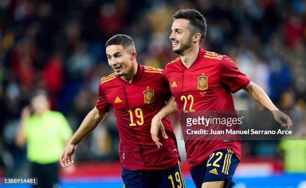 Pablo Sarabia of Spain celebrates with his teammates Yeremy Pino of Spain after scoring his team's fourth goal duduring the international friendly...