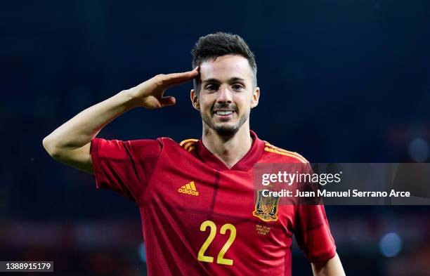 Pablo Sarabia of Spain celebrates after scoring his team's fourth goal during the international friendly match between Spain and Iceland at Riazor...