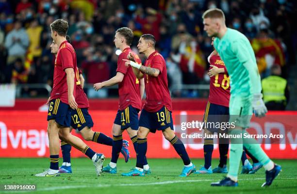 Yeremy Pino of Spain celebrates after scoring his team's third goal during the international friendly match between Spain and Iceland at Riazor...