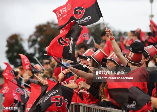 The crowd during the round seven Super Rugby Pacific match between the Crusaders and the Highlanders at Orangetheory Stadium on April 01, 2022 in...