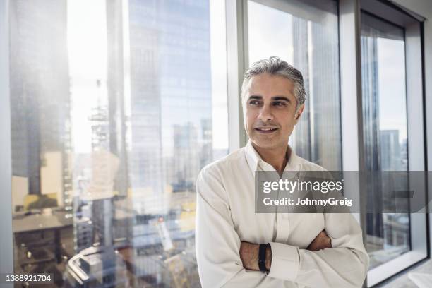 middle eastern businessman standing in sunny modern office - looking away stock pictures, royalty-free photos & images