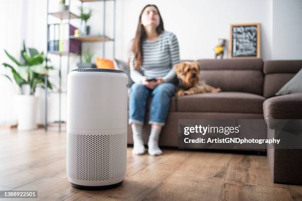 mujer disfrutando de la frescura del aire. - air purifier fotografías e imágenes de stock