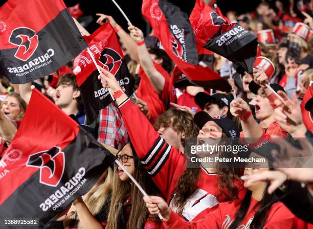 Crusaders fans cheer their team on during the round seven Super Rugby Pacific match between the Crusaders and the Highlanders at Orangetheory Stadium...