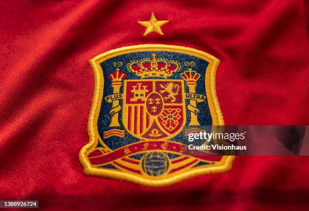 The Spain national team badge on a home shirt on March 25, 2022 in Manchester, England.