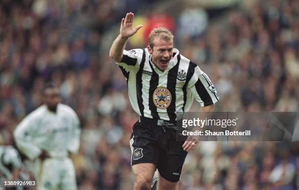 Newcastle United striker Alan Shearer celebrates with his trademark one armed salute after scoring the only goal in a 1-0 FA Premier League victory...