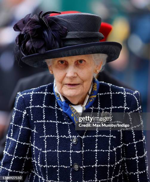 Mary Morrison attends a Service of Thanksgiving for the life of Prince Philip, Duke of Edinburgh at Westminster Abbey on March 29, 2022 in London,...