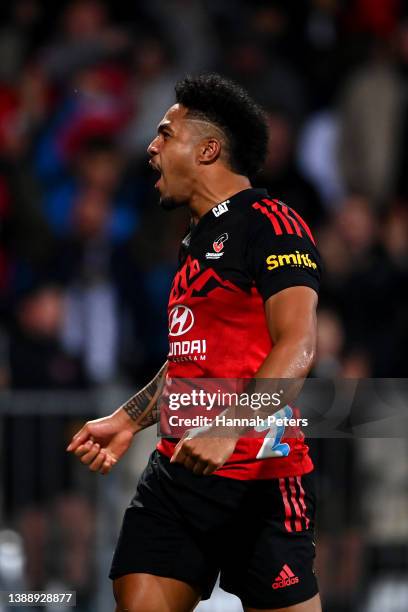 Leicester Fainga'anuku of the Crusaders celebrates after scoring a try during the round seven Super Rugby Pacific match between the Crusaders and the...