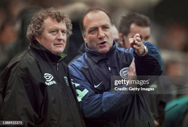 Celtic manager Wim Jansen in discussion with PSV Eindhoven Head Coach Dick Advocaat during a pre season friendly between PSV Eindhoven and Celtic at...