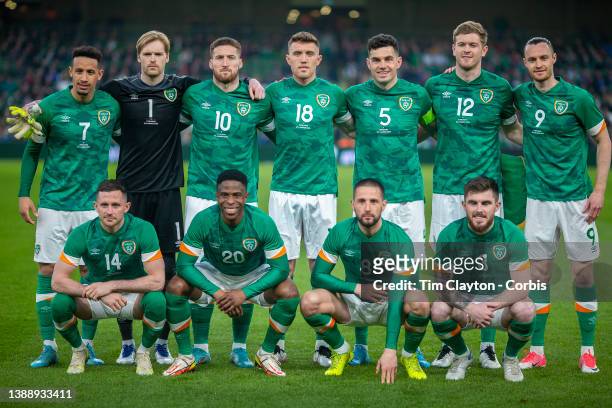March 29: The Republic of Ireland team pose for a team photograph before kick off, back row, left to right, Callum Robinson, Caoimhin Kelleher, Matt...