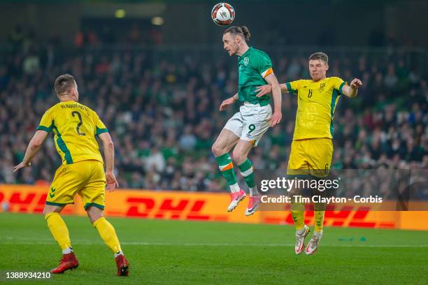 March 29: Will Keane of Republic of Ireland defended by Benas Satkus of Lithuania during the Republic of Ireland V Lithuania International friendly...