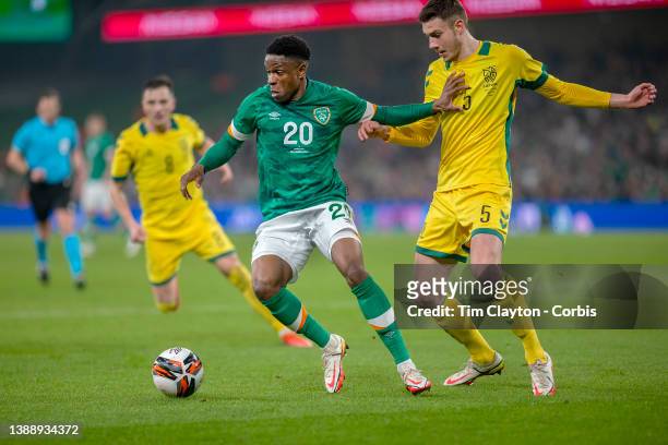 March 29: Chiedozie Ogbene of Republic of Ireland defended by Edgaras Utkus of Lithuania during the Republic of Ireland V Lithuania International...