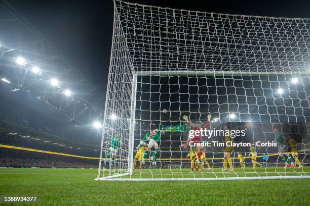 March 29: A general view of the goal mouth as goalkeeper Dziugas Bartkus of Lithuania is challenged by Chiedozie Ogbene of Republic of Ireland during...