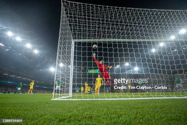 March 29: A general view as goalkeeper Dziugas Bartkus of Lithuania makes a fine save during the Republic of Ireland V Lithuania International...