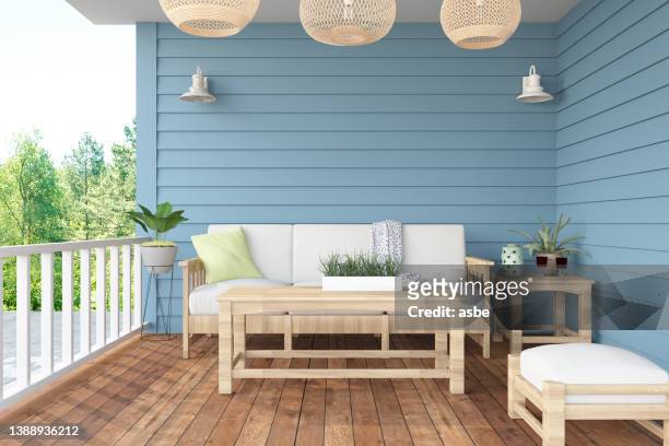 acogedora terraza con muebles de bambú - veranda fotografías e imágenes de stock