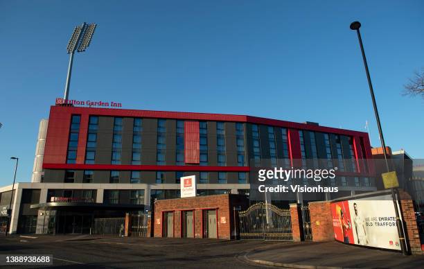 View of the Emirates Old Trafford stadium, home of Lancashire CCC, showing Gates 2 and 3 and the Hilton Garden Inn Hotel on April 1, 2022 in...