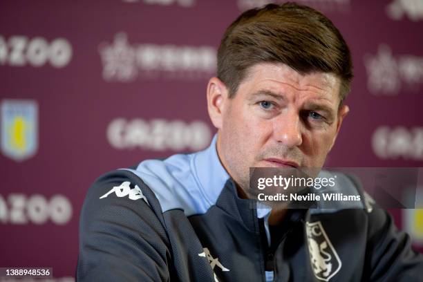 Steven Gerrard head coach of Aston Villa talks to the press during a press conference at Bodymoor Heath training ground on April 01, 2022 in...