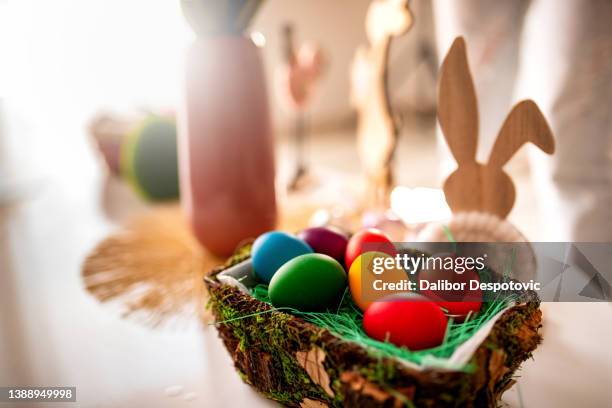 happy easter. congratulatory easter background. easter eggs and flowers. selective focus. horizontal - easter bunny letter stock pictures, royalty-free photos & images