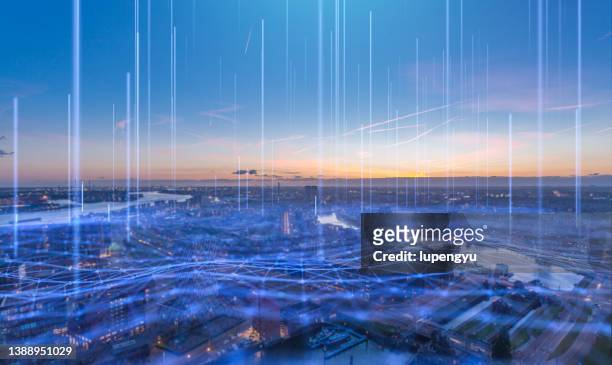 cityscape with abstract particles - smart city stock pictures, royalty-free photos & images