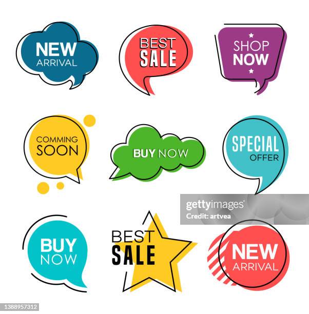 sale tags in speech bubbles design - discount store stock illustrations