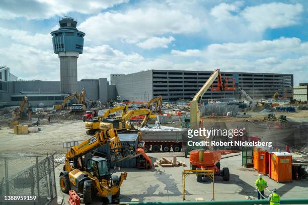Ground construction continues on March 28, 2022 at the LaGuardia Airport in New York City. LaGuardia Airport is undergoing a multi-billion dollar...
