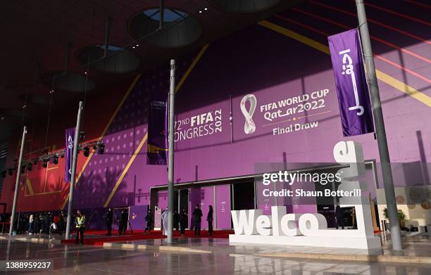 General view outside of the venue prior to the FIFA World Cup Qatar 2022 Final Draw at the Doha Exhibition Center on April 01, 2022 in Doha, Qatar.