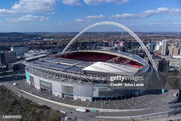 aerial view of wembley stadium and arch. - london football awards stock pictures, royalty-free photos & images