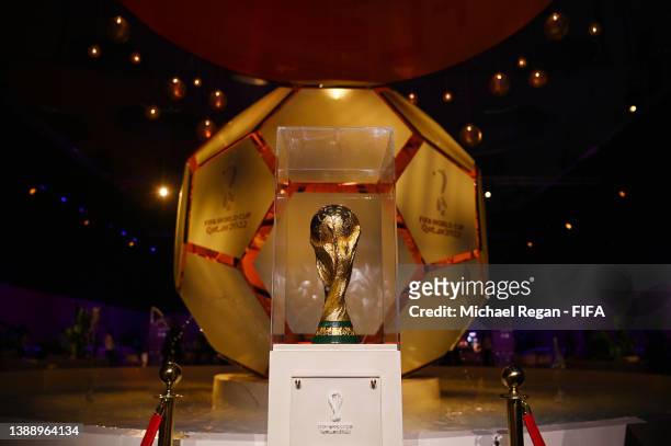 General view of the Fifa World Cup Trophy ahead of the FIFA World Cup Qatar 2022 Final Draw at the Doha Exhibition Center on April 01, 2022 in Doha,...