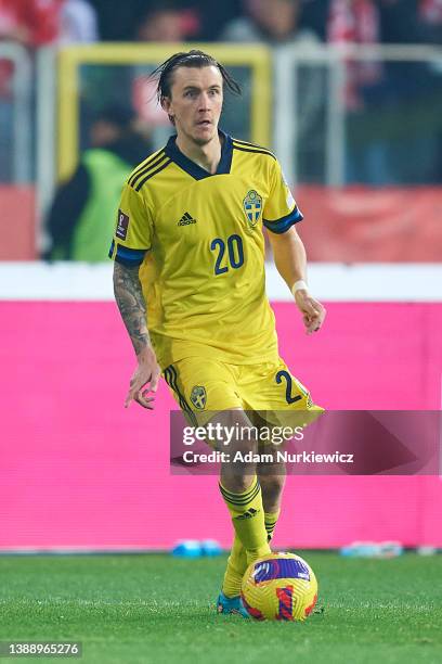 Kristoffer Olsson from Sweden controls the ball during the 2022 FIFA World Cup Qualifier knockout round play-off match between Poland and Sweden at...