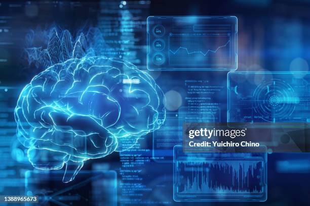 artificial intelligence brain and futuristic gui - tecnología sanitaria fotografías e imágenes de stock