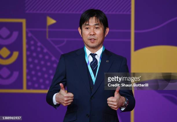 Hajime Moriyasu, Head Coach of Japan arrives prior to the FIFA World Cup Qatar 2022 Final Draw at the Doha Exhibition Center on April 01, 2022 in...