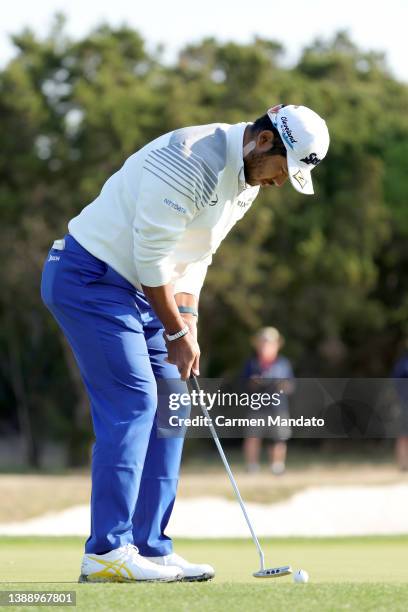 Hideki Matsuyama of Japan putts on the 14th green during the second round of the Valero Texas Open at TPC San Antonio on April 01, 2022 in San...