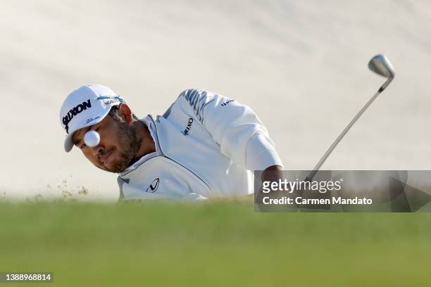 Hideki Matsuyama of Japan plays his shot from the bunker on the 15th hole during the second round of the Valero Texas Open at TPC San Antonio on...