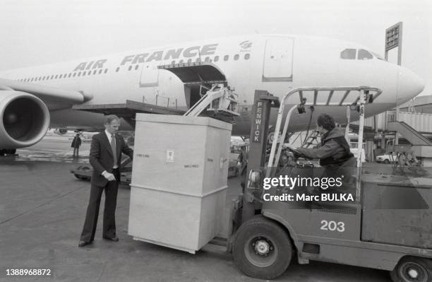 Arrivée d'un oeuf de Pâques géant à Rome pour l'inauguration de la liaison en 'Airbus' de la ligne Paris-Rome par 'Air France', le 6 avril 1980.