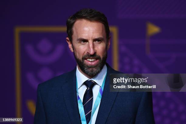 Gareth Southgate, Manager of England arrives prior to the FIFA World Cup Qatar 2022 Final Draw at the Doha Exhibition Center on April 01, 2022 in...