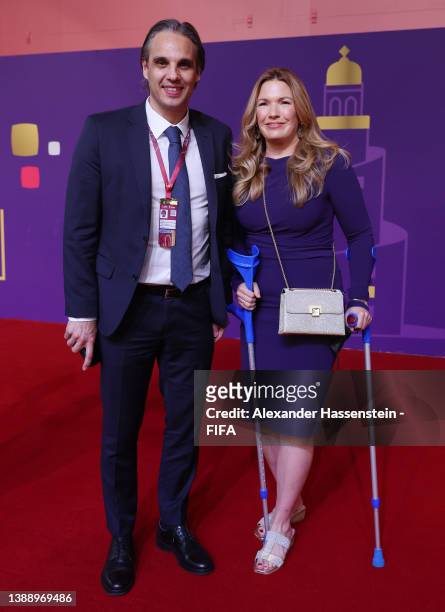 Nuno Gomes and German TV presenter Jessica Libbertz arrive prior to the FIFA World Cup Qatar 2022 Final Draw at the Doha Exhibition Center on April...