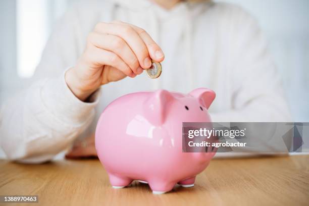 woman hand putting money coin into piggy for saving money - mealheiro imagens e fotografias de stock