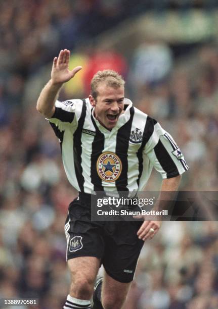 Newcastle United striker Alan Shearer celebrates with his trademark one armed salute after scoring the only goal in a 1-0 FA Premier League victory...