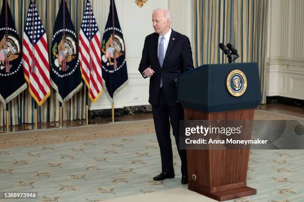 President Joe Biden walks away from the podium after giving remarks on the jobs report for the month of March from the State Dining Room of the White...