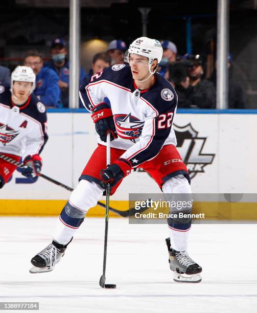 Jake Bean of the Columbus Blue Jackets skates against the New York Islanders at the UBS Arena on March 31, 2022 in Elmont, New York.