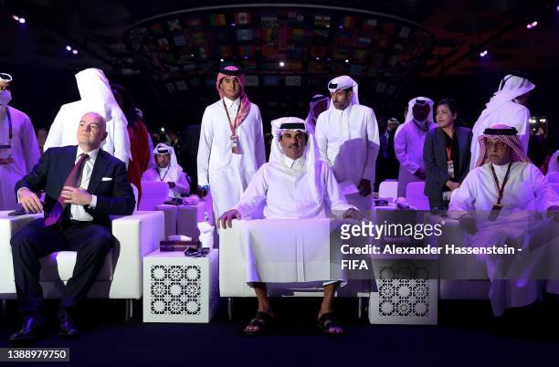 Gianni Infantino , Fifa President and Sheikh Tamim bin Hamad Al Thani , Amir of Qatar arrive during the FIFA World Cup Qatar 2022 Final Draw at the...