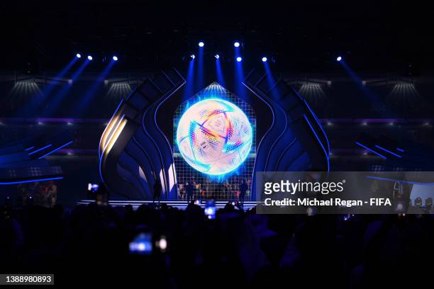 General view as performers dance during the FIFA World Cup Qatar 2022 Final Draw at the Doha Exhibition Center on April 01, 2022 in Doha, Qatar.