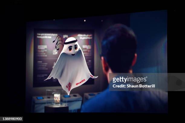 La'eeb, The Fifa World Cup Qatar 2022 Mascot is announced on a LED Screen during the FIFA World Cup Qatar 2022 Final Draw at the Doha Exhibition...