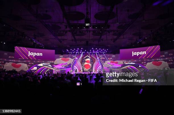 General view of the performance as Japan is displayed on the LED Screen during the FIFA World Cup Qatar 2022 Final Draw at the Doha Exhibition Center...