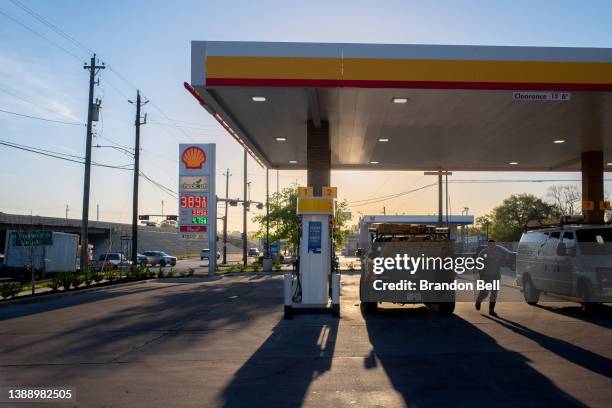 Person walks into a Shell gas station on April 01, 2022 in Houston, Texas. The Biden administration announced Thursday that the U.S. Will release up...